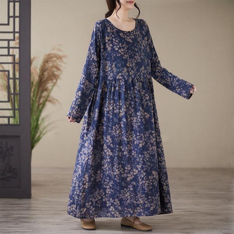 Floral Printing Vintage Maxi Dress for Women Plus Size Spring Summer Long Loose Style Lady Dress