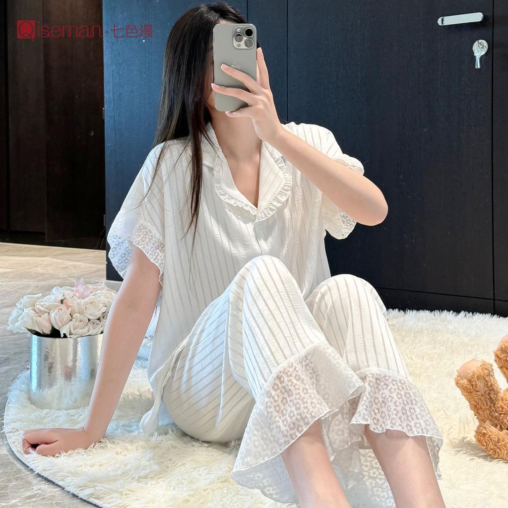 Acetate forging short-sleeved trousers pajamas set, women's summer can wear satin ice silk loungewear, high-end lace pajamas