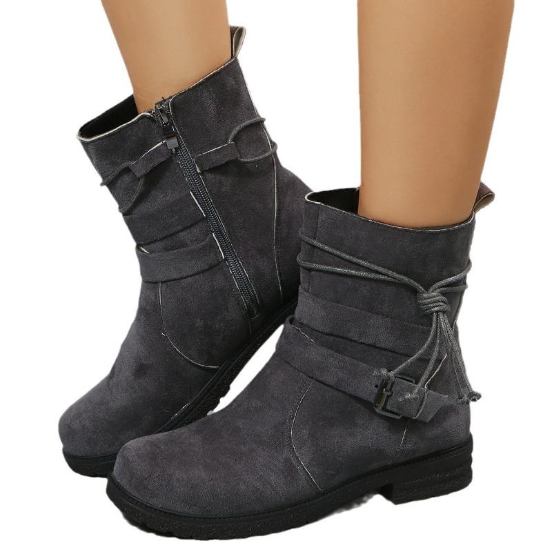 Fall/Winter New Arrival Round-Toe Side-Zip Low-Heel Oversized Short Boots Flat-Sole Buckle-Fastening Suede Martin Boots