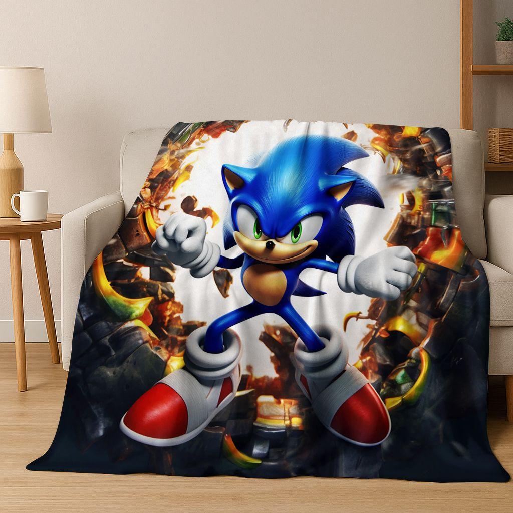 Classic S-Sonic Game Cartoon Hedgehog Flannel Blanket Soft Warm Throw Blanket for Bed Bedroom Room Living Room Travel Picnic Kid