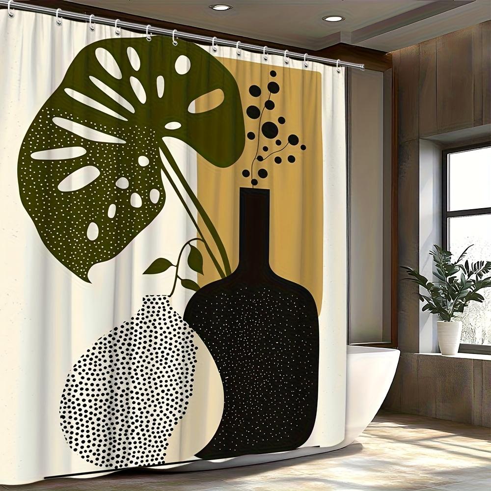 

1Pc Modern Minimalist Abstract Vase & Leaf Shower Curtain - Black/Beige Vase, Green Leaf & Dot Design, 70X70 Inch, Includes W60H190(CM)-1 Pcs