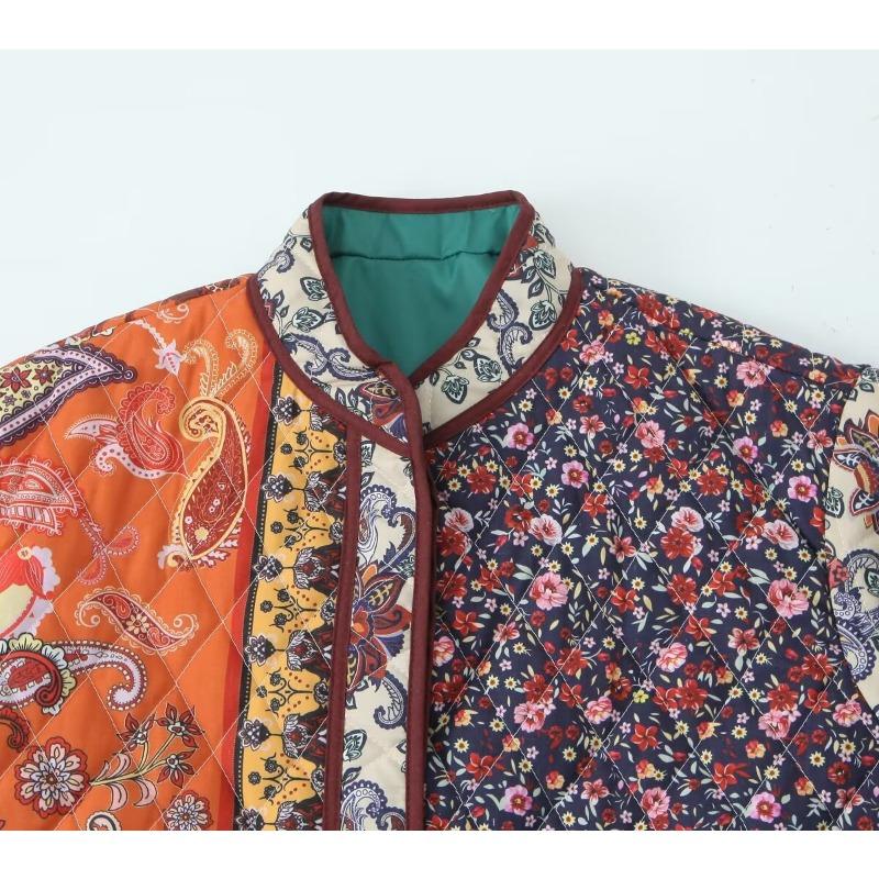 Women Vintage Printed Loose Long Sleeve Cotton Padded Coat