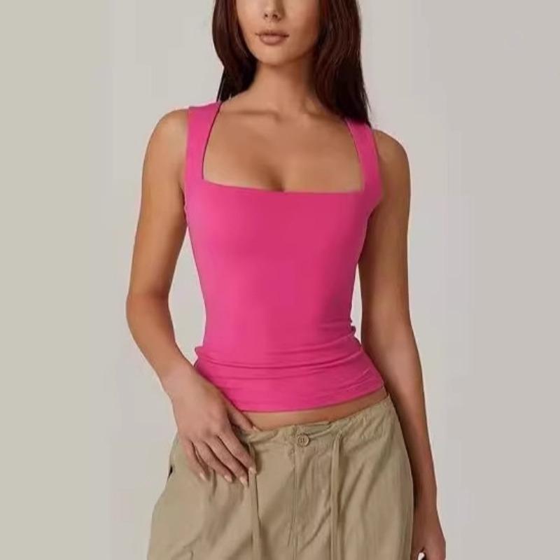 New Summer New Women's Square Neck Sleeveless Double Tank Top Basic Tights Black