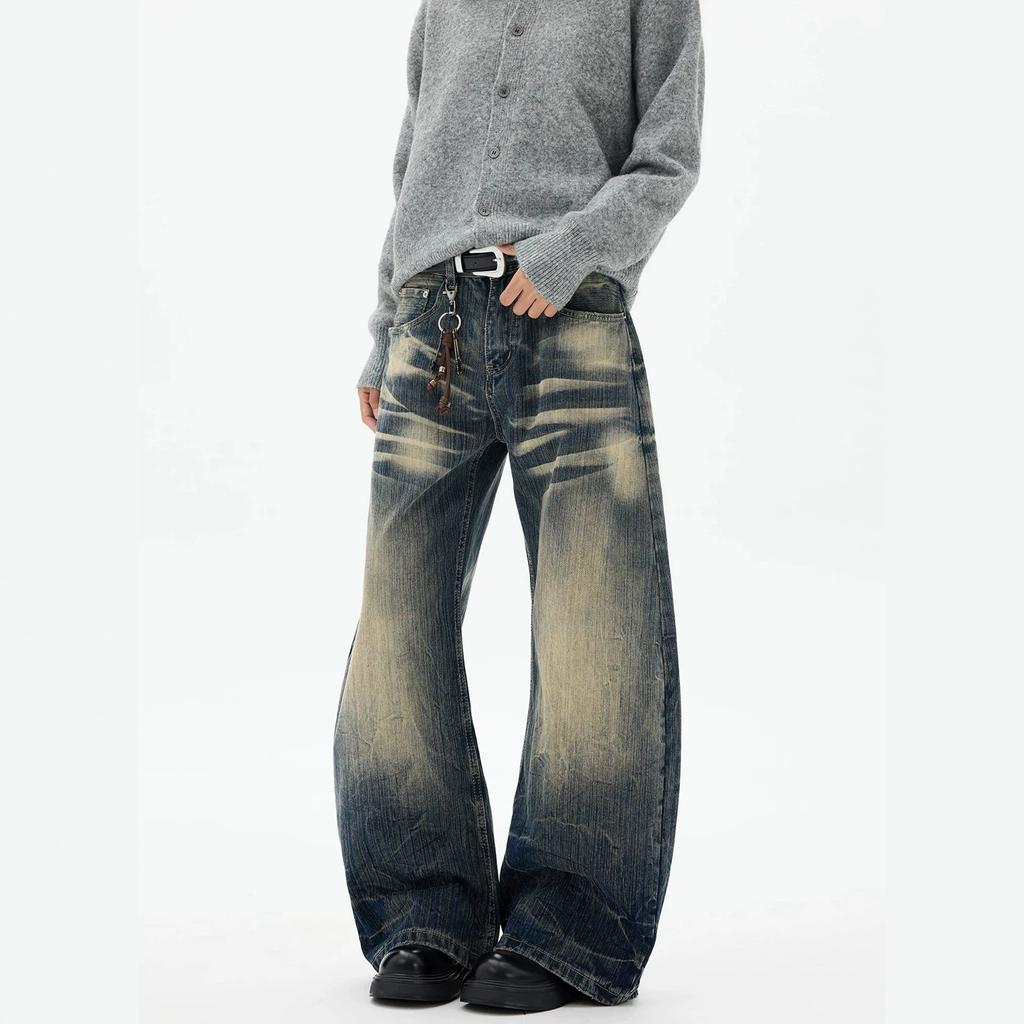 American retro lightning pattern dirty dyed cat whisker jeans men's and women's niche washed silhouette thin scimitar pants