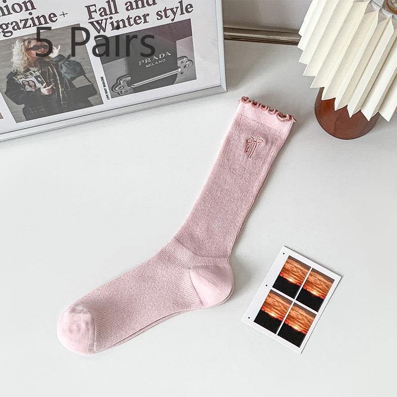 5 Pairs of Female Spring and Summer Bow Embroidery Lace Everything Breathable Tube Pile Socks