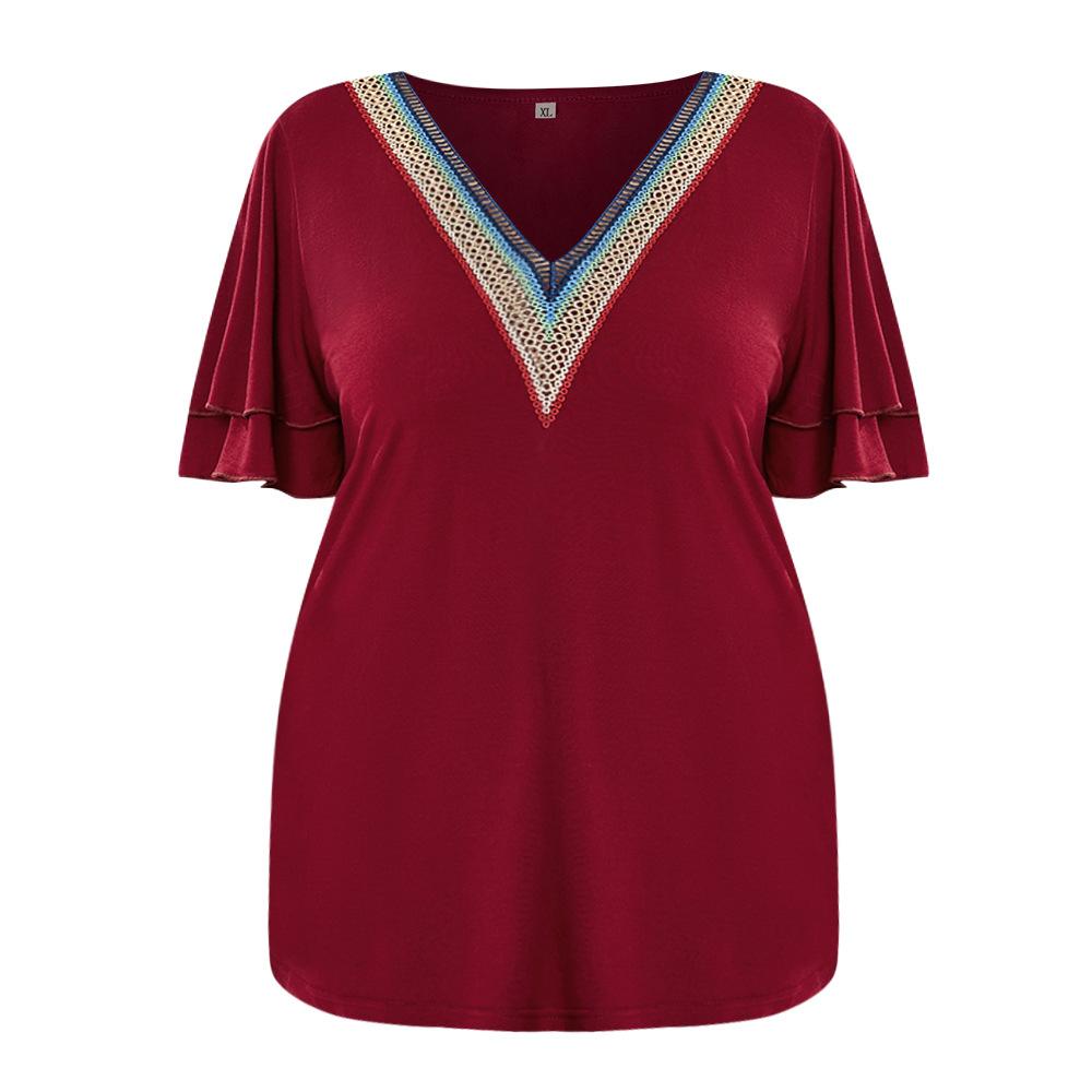 Dámské letní tričko plus size krajkové s výstřihem do V jednobarevné tričko s krátkým rukávem top