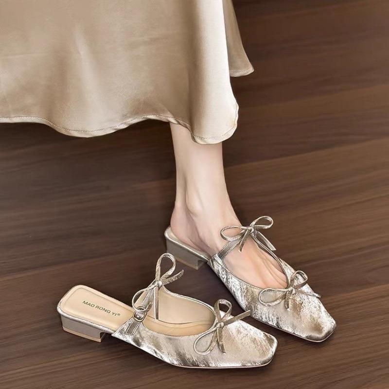 

Baotou Half-drag Women s French Square Toe Shallow Mouth Bow Temperament Block Heel Sandals 35