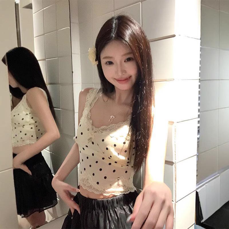 Chic Polka Dot Lace Camisole: French-Style Summer Top for Women