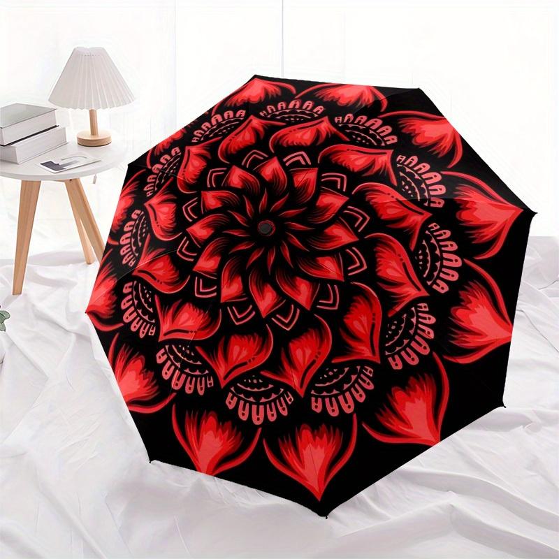 1pc Red Lotus Mandala Design Umbrella with Plastic Handle,Suitable for All Seasons Home Travel Outdoor UmbrellaM1251