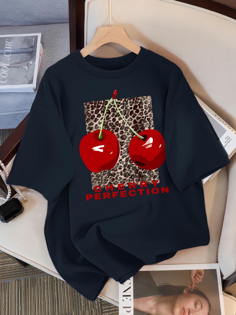 Fashion Leopard And Cherry Perfection Pattern T Shirt Women Summer Soft Tops Cotton All-Match Short Sleeve O-Neck Loose T-Shirts