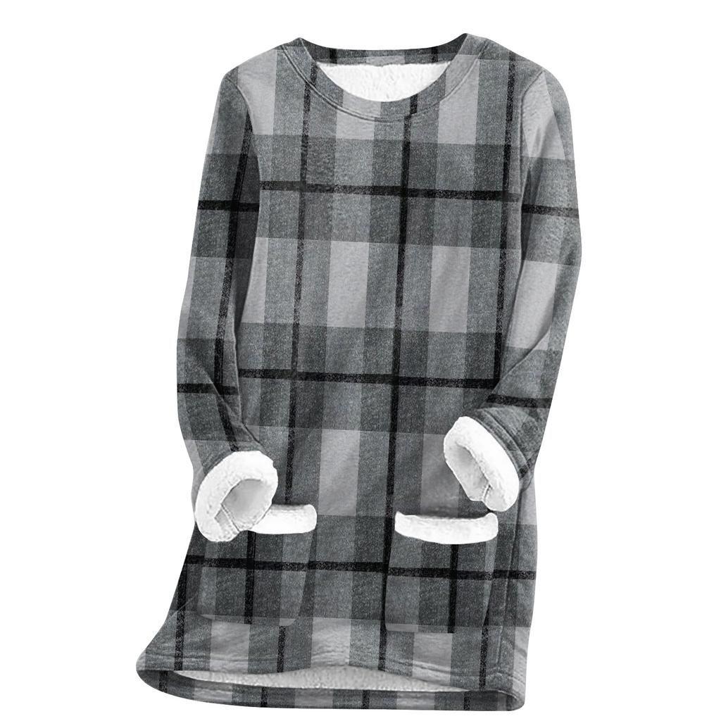 Women's Fashion Plaid Print Round Neck Long Sleeve Plush Winter Warm Pullover Top