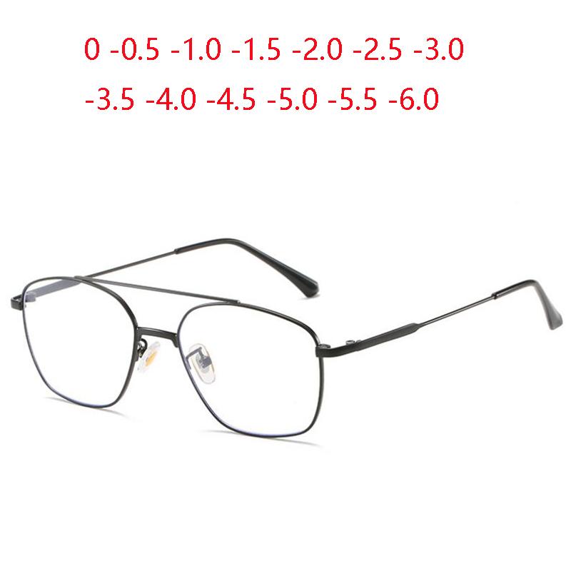 Double Beam Anti-blue Light Nearsighted Glasses Women Retro Metal Square Diopter Eyeglasses Prescription 0 -0.5 -0.75 To -6.0