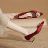 Fashion High-quality Satin Crystal Flowers Decorated Pumps Women Sexy Pointed Toe Red Wedding Bridal Shoes Elegant Chunky Heel Loafers