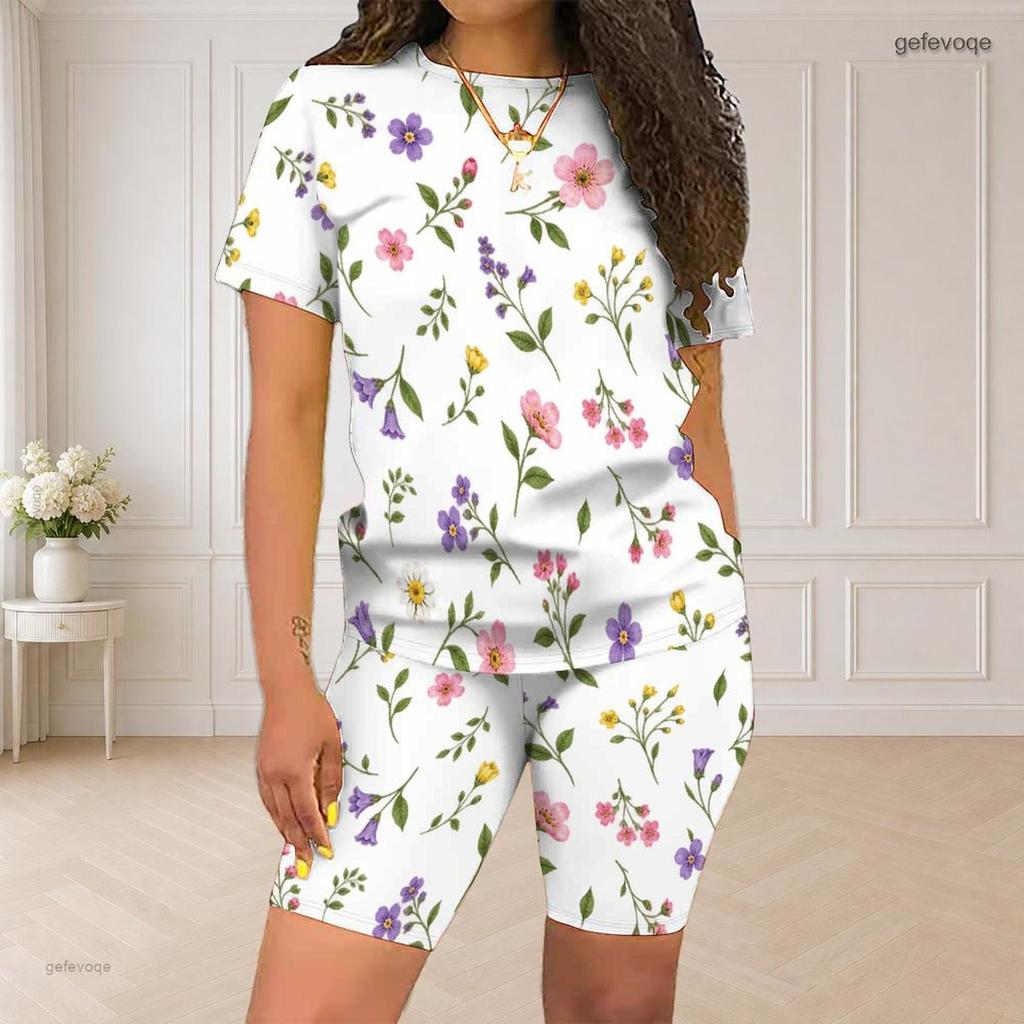 Women Plus Size Blue Rose Floral Printed Round Neck Short Sleeve Two Piece Fitted Shorts Set