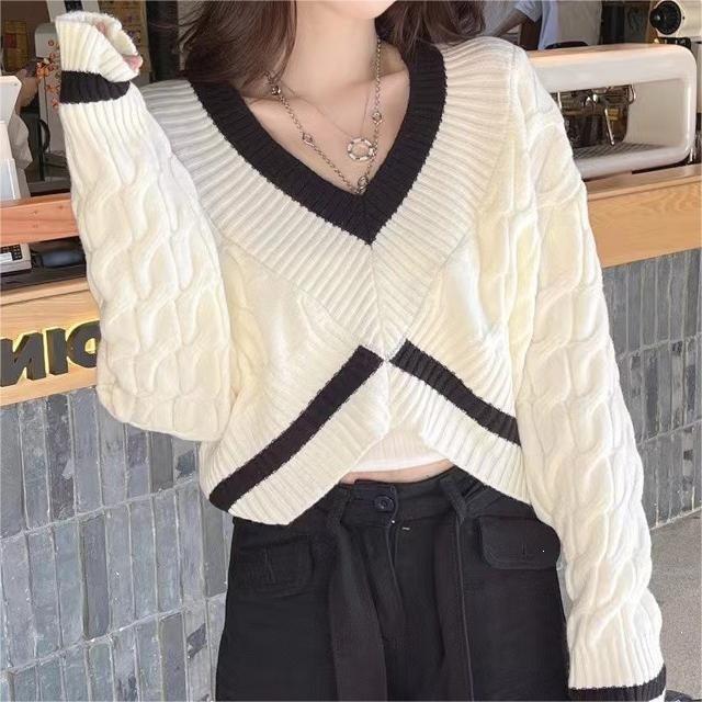 Korean Color Block V-Neck High Waist Knit Sweater for Women – Autumn Winter Trendy Lazy Style Cable Knit Outerwear Top
