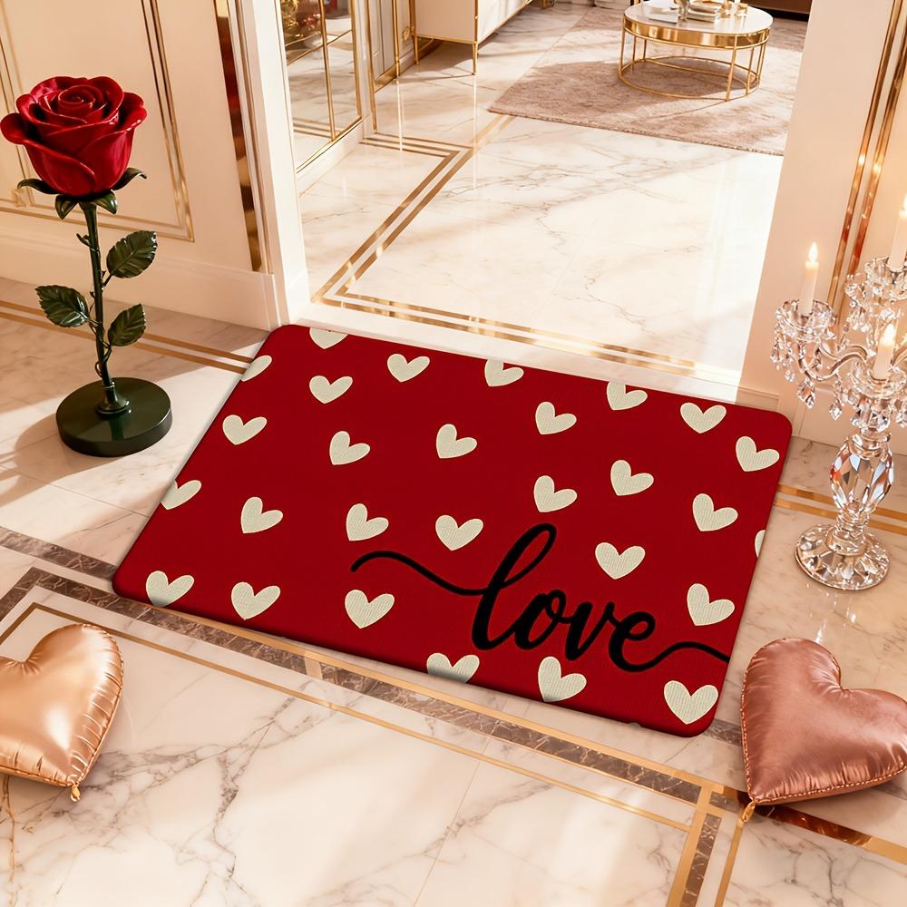 Valentine's Day doormat, red background with beige love pattern.