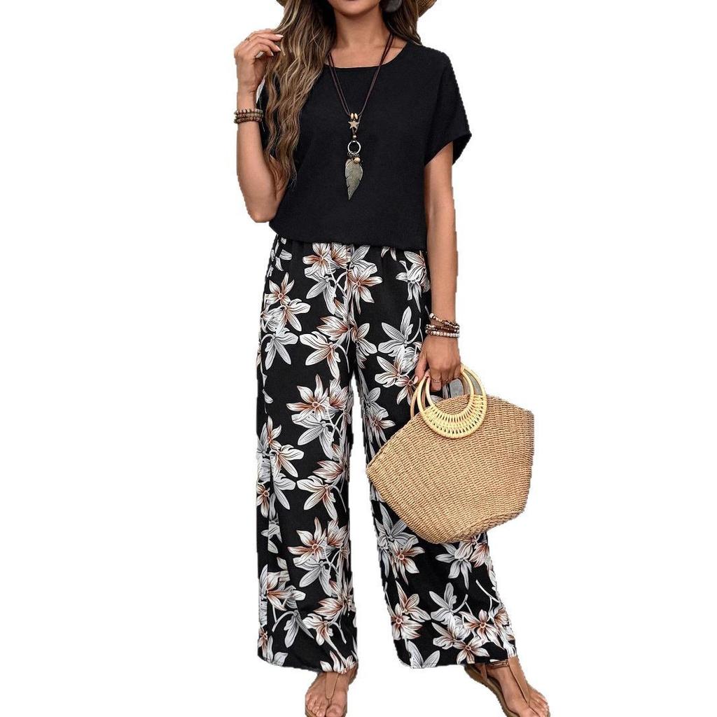 1116 New European and American Fashion High-Quality Short Sleeve Shoulder T-Shirt and Long Pants Set WA11+MR16