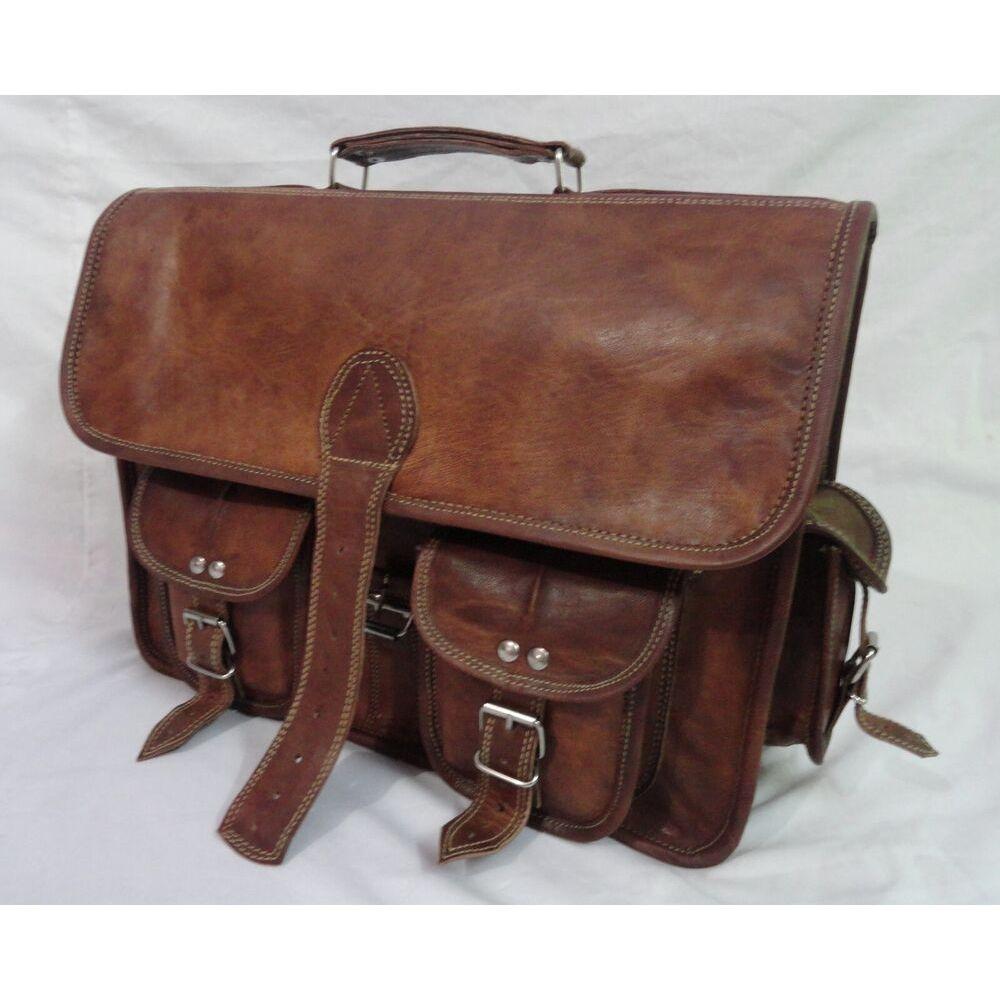 Goat Leather Briefcase Messenger Bag 15 In Laptop Satchel Office Shoulder Bags