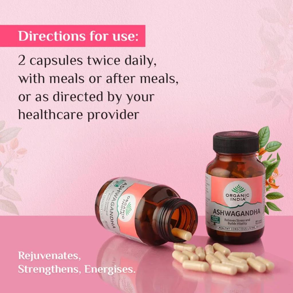 Organic India Ashwagandha Capsules 180 Caps Natural Vitality Support Veg Supplement for Daily Wellness and Energy