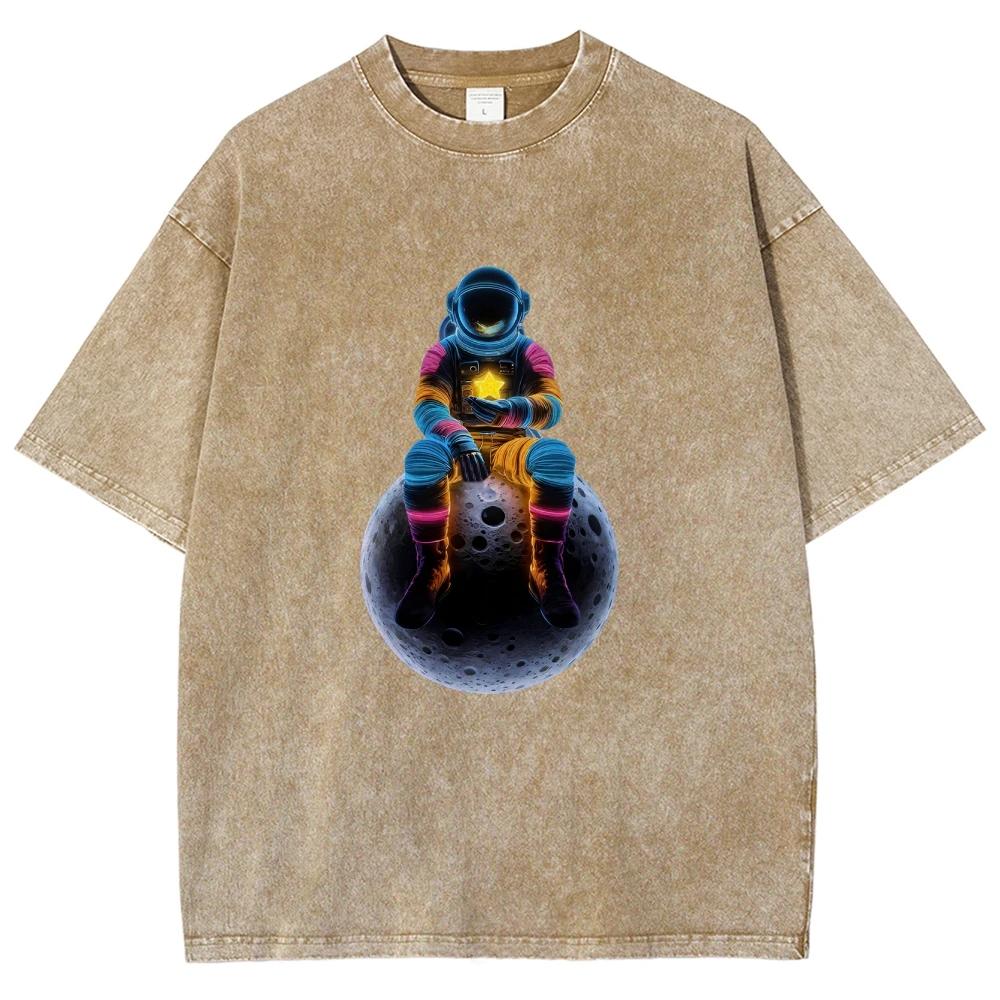 Unisex Fit Washed T-Shirt Cool Astronaut Tees Shirts Men Women Short Sleeve T-shirts Cotton Oversized T-shirt