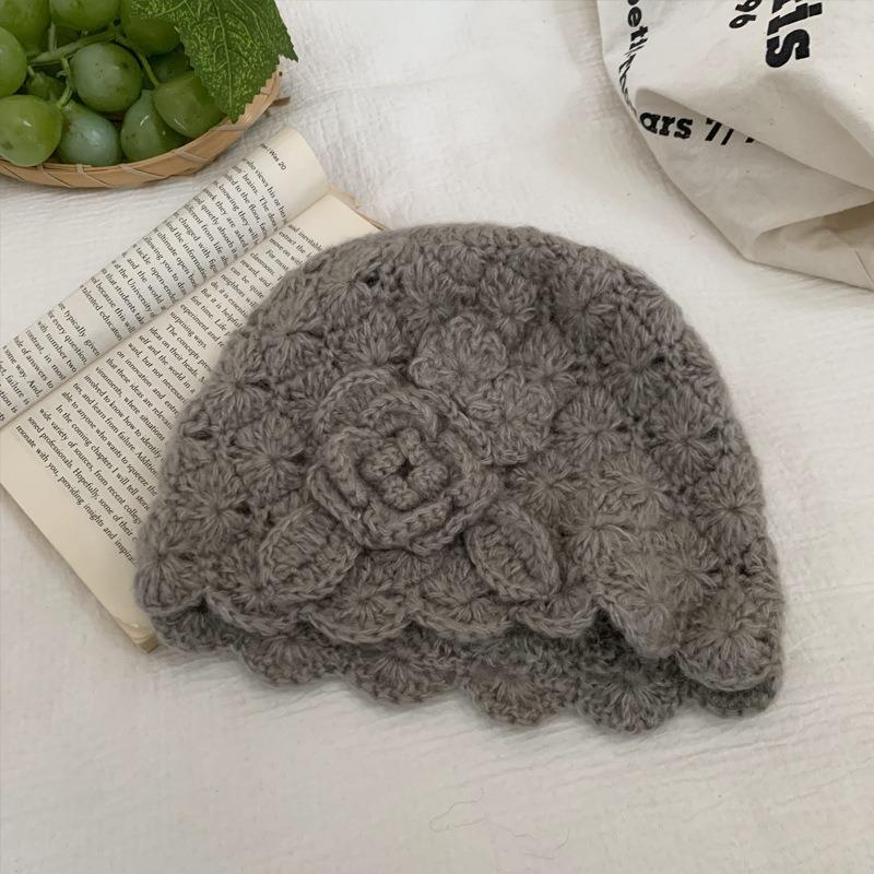 Women Japanese Style Hollow Flower Knit Beanie Autumn Winter Warm Hat