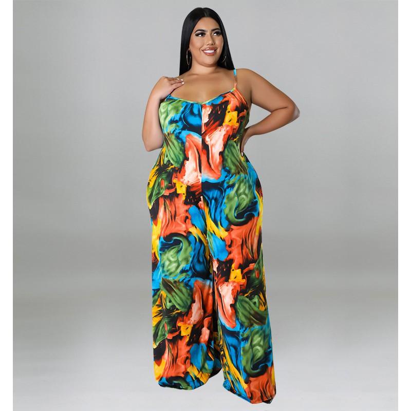 MY912 Plus Size Womens Sleeveless Printed Jumpsuit With Belt Soft Milk Silk Fabric 2025 Collection Straight Leg Sweet Gentle Style Casual Wear
