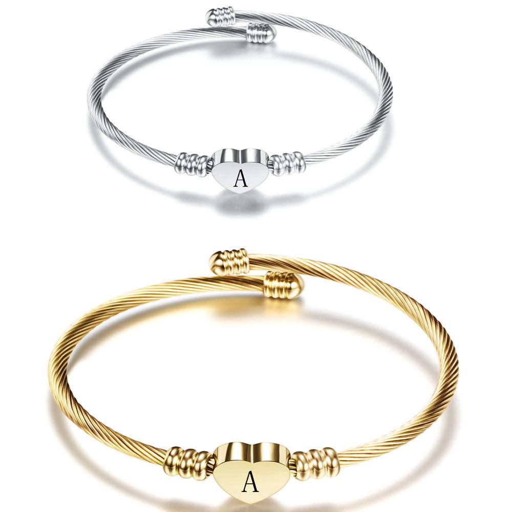 26 Letters Stainless Steel Heart Bracelet - Simple Titanium Steel Open Bangle for Women
