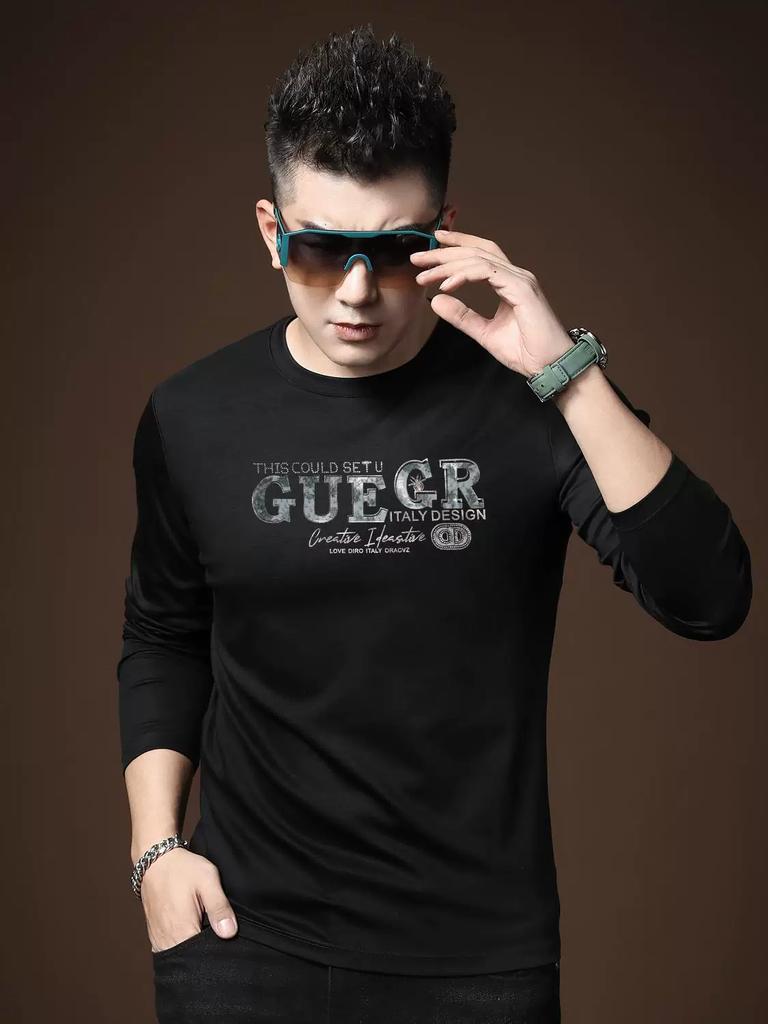 European Station 2025 Autumn New Trendy Rhinestone Long Sleeve T-Shirt Men's Round Neck Casual Top Warm T-Shirt for Men