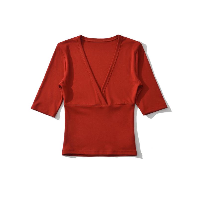 Elegante Camiseta Cruzada en V con Ceñido a la Cintura para Mujer - Capa Base de Manga Corta para Verano