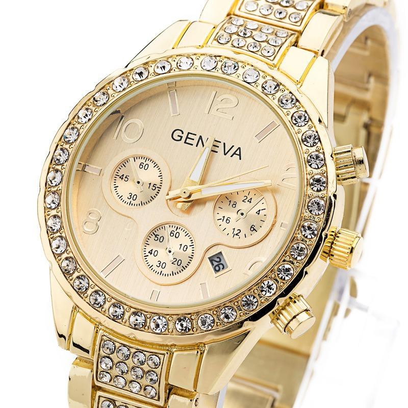 GENÈVE Genève Montre Diamant Trois Yeux Bracelet Acier Calendrier Montre Mode Féminine Loisir Montre Mécanique