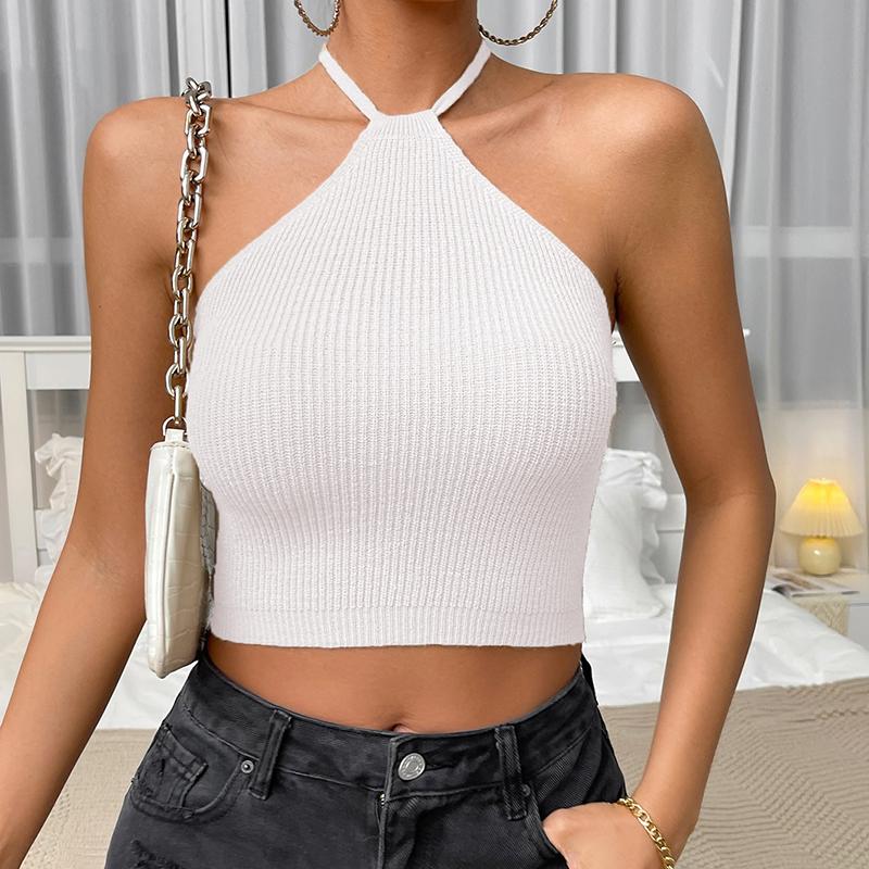 FashionMille Women's Ribbed Halter Crop Top - V-Neck Sleeveless Backless Summer Top