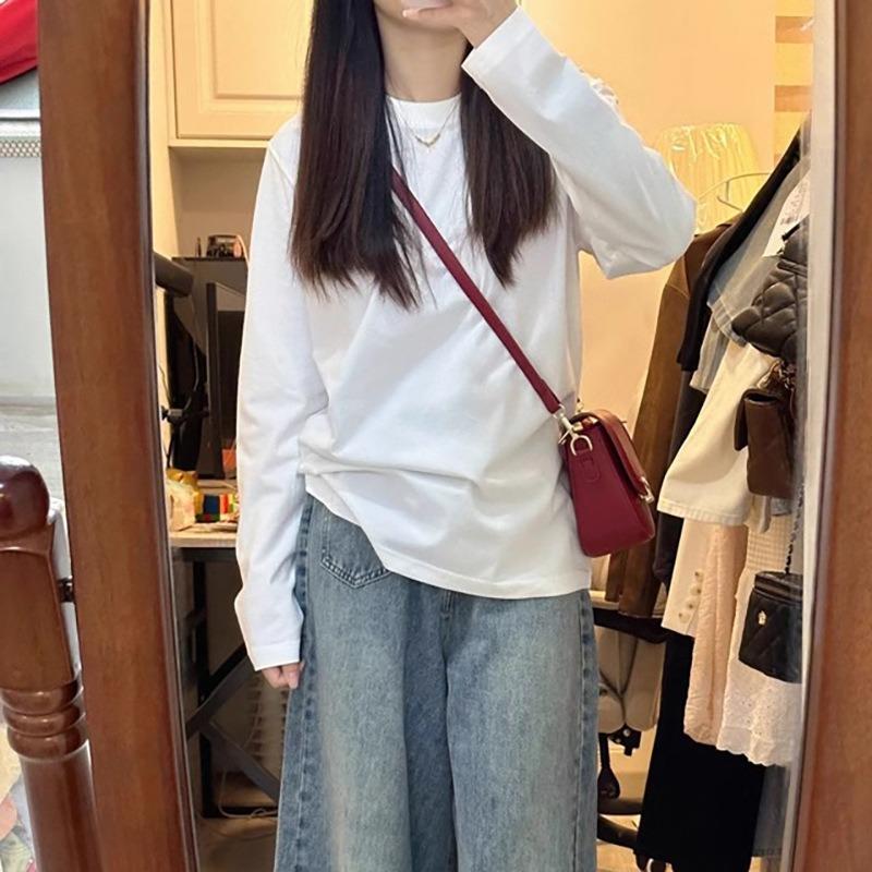 White bottoming shirt women's pure cotton top spring simple casual long-sleeved inner with front shoulder warm German velvet T-shirt