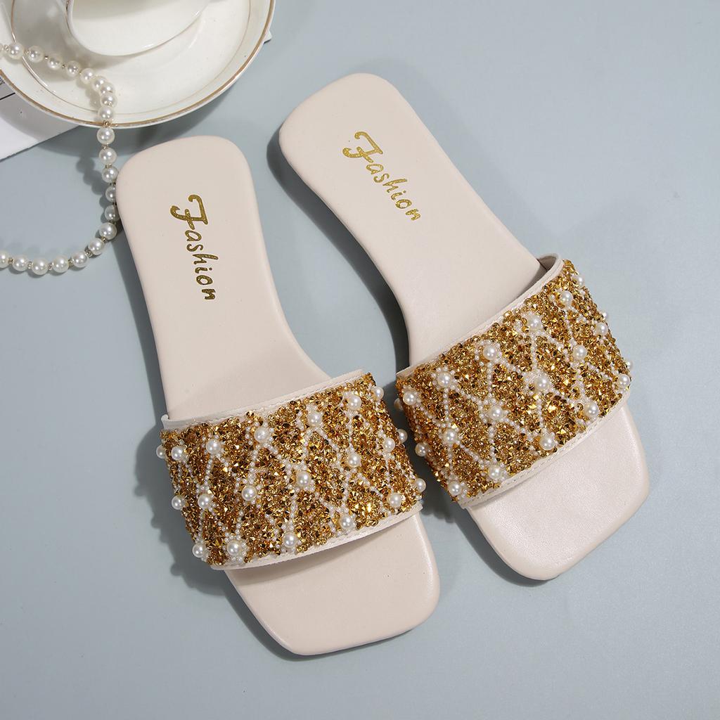 [Foreign Trade] French rhinestone sequined cool slippers women's summer wear one-word slippers square toe sandals