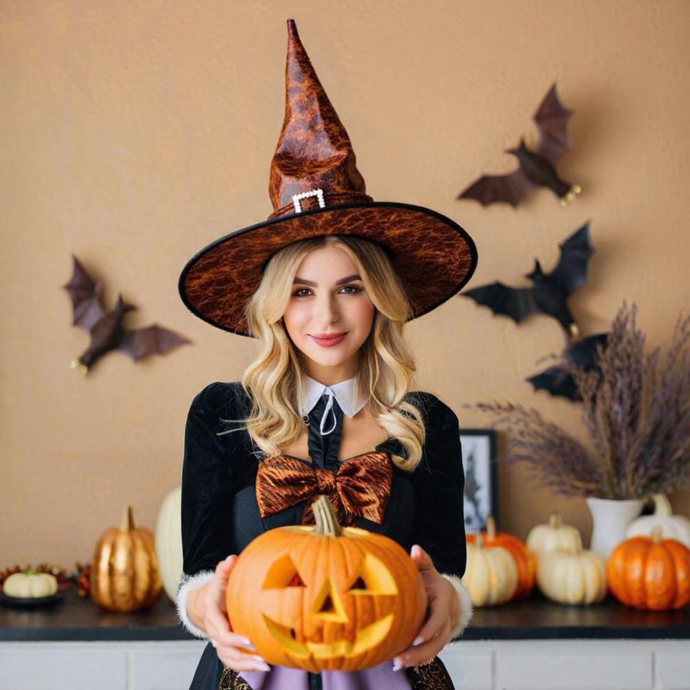 Witch Hat for Halloween Cosplay Party Wide Brim Pointed Hat Vintage Faux Leather Witch Hat for Halloween Cosplay Party