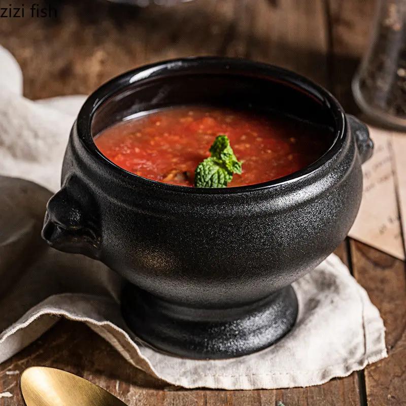 Ceramic Soup Bowl Restaurant Creative Lion Head Embossed Handle Bowl Dessert Bowls Snack Bowls Salad Bowls Home Tableware