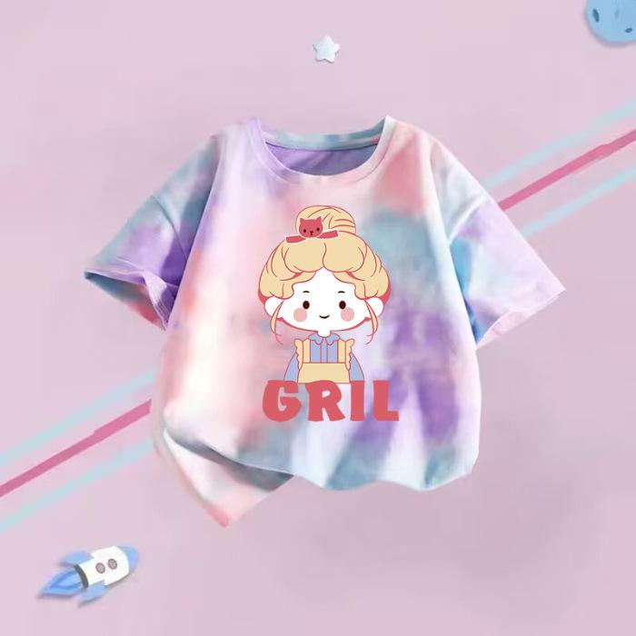 Girls Summer Short Sleeve T Shirt Tie Dye Cartoon Print Stylish Casual Top