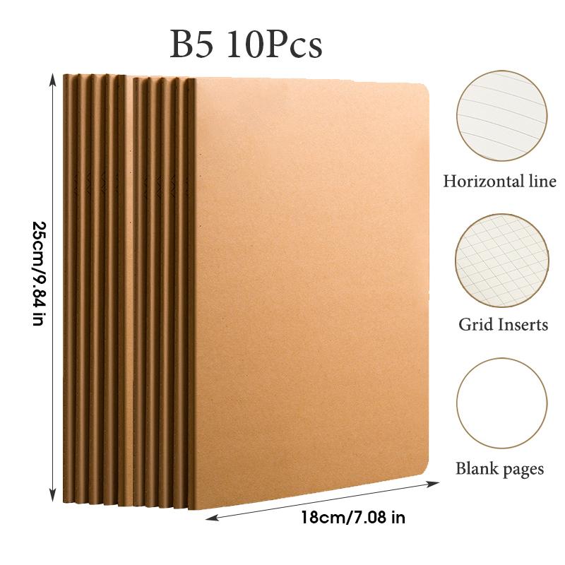 10Pcs A5 B5 A4 Notebook, Thin Draft Notebook 36 Sheets/72 Pages/Book, Kraft Paper and Black Cover, Office Study Notes Supplies