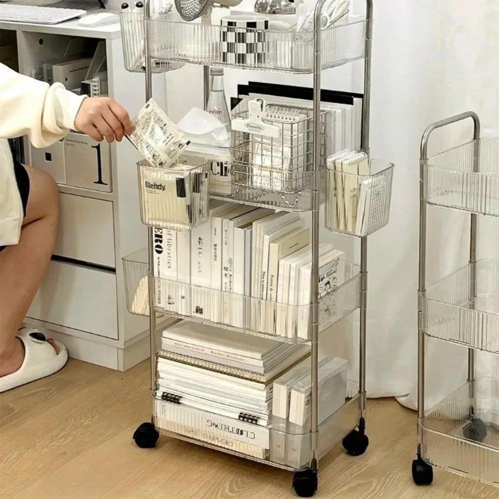 3 Layers Transparent Storage Rack Trolley Acrylic Rolling Cart with Hanging Basket Bathroom Acrylic Makeup Bookshelf organizer