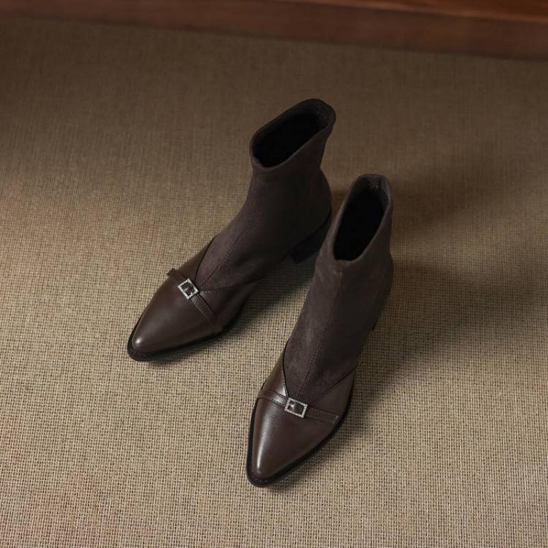 Autumn and Winter Elastic Suede Martin Boots Sleeve Solid Color Large Size Women's Boots New Middle Heel Pointed Soft Sole Medium Boots