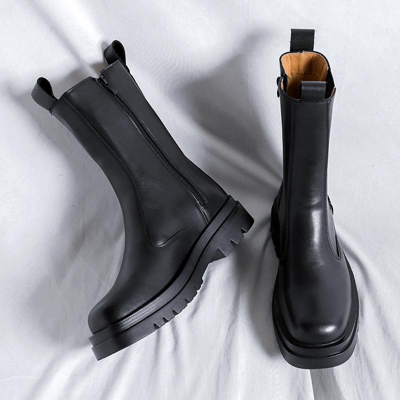 Botas Masculinas de Cano Alto em Couro Genuíno de Alta Qualidade Estilo Britânico Botas Chelsea Calçado de Lazer para Caminhada Botas Clássicas Confortáveis de Cano Médio