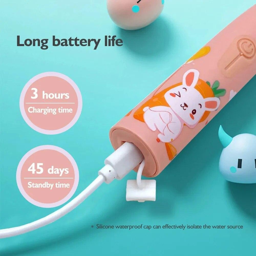 Children's Electric Toothbrush Colorful Cartoon With Replacement Heads Ultrasonic Rechargeable Soft Hair Cleaning Brush For Kids