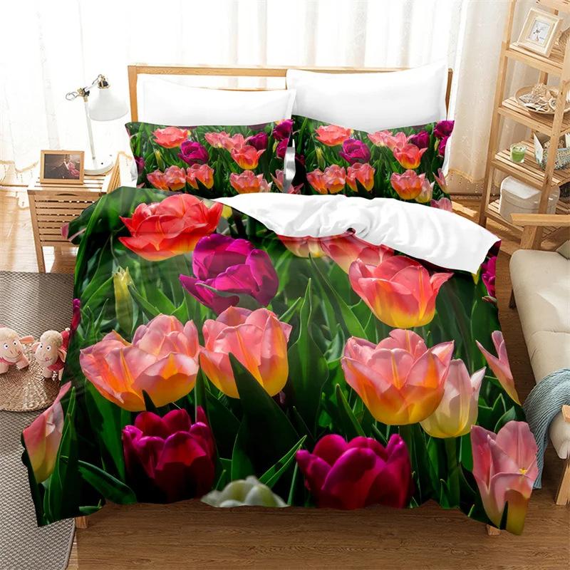Color Tulip Pattern Bedding Set Down Duvet Quilt Cover Set 3D Digital Printing Quilt Cover Three-piece Set