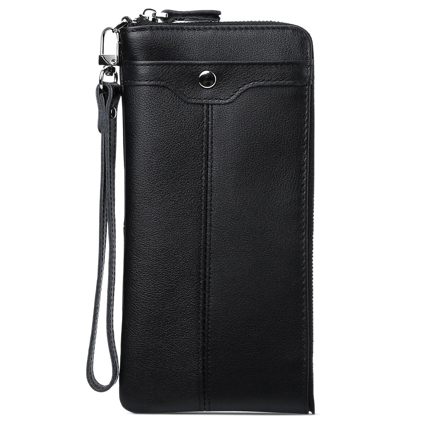 

Genuine Leather Men Clutch Bag Slim Cowhide Long Wallet Large Capacity Zipper Business Handbag with Wristlet чорний