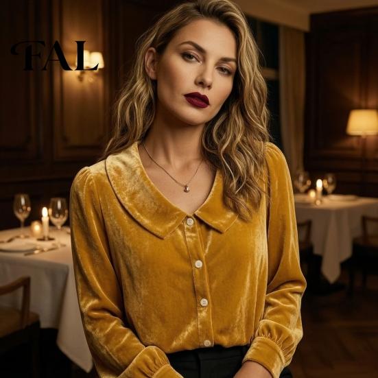 Autumn Shirt Fall Winter Women Velvet Shirt, Regular Fit Button Down Long Sleeve Daily Wear Shirts Top, Soft Solid Color Lapel Collar Blouse for Lady