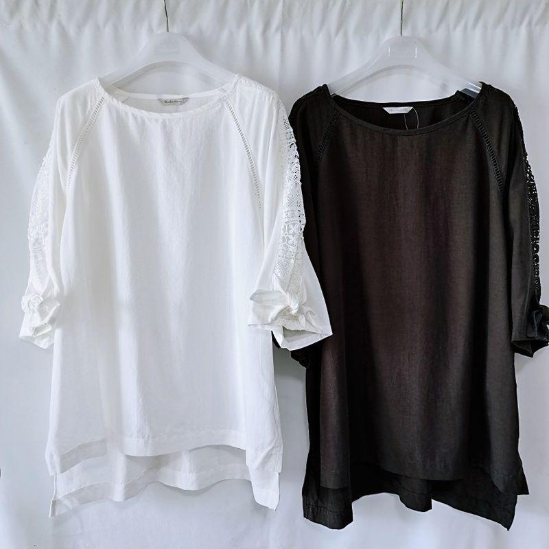 Export Original Order Leftover Stock Cotton and Silk White Round Neck Pullover Shirt Plus Size Loose Casual Embroider 3/4 Sleeve Cool