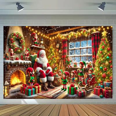 2D Cozy Christmas Cabin Backdrop Santa & Elves Scene for Holiday Photography