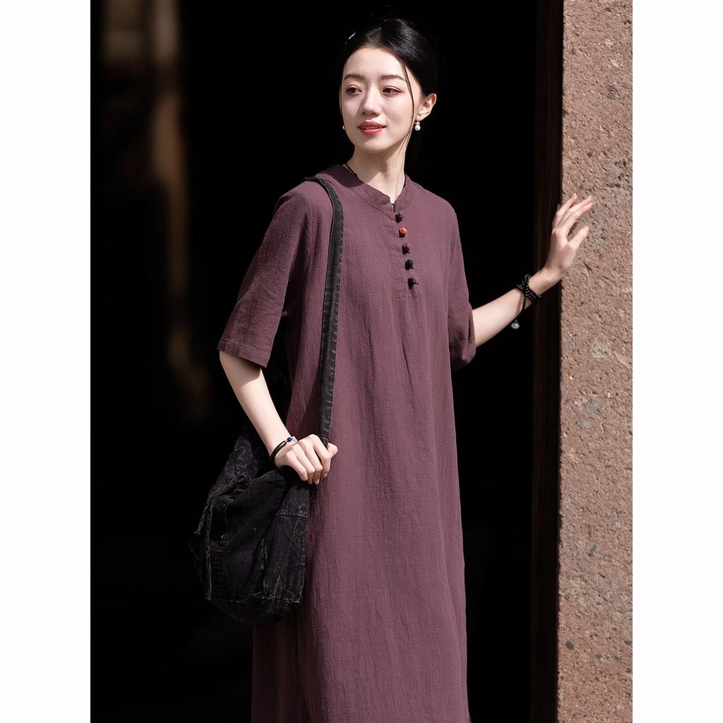Cotton Linen Women's Summer Chinese Style Standing Collar Short Sleeved Sandwashed Improved Cheongsam Long Skirt Women's Dress