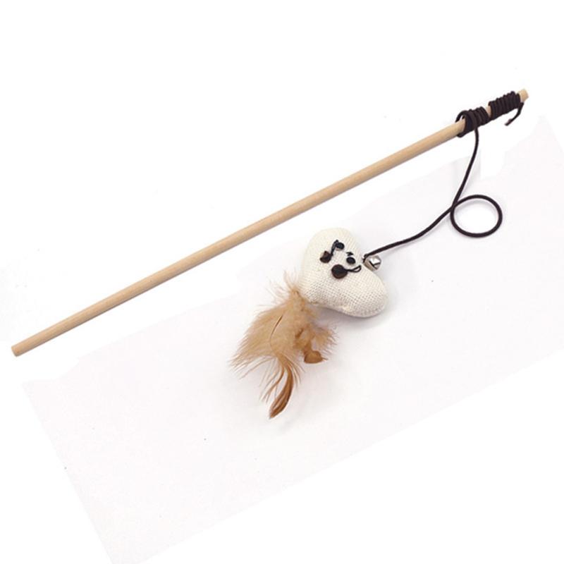 Wood+cotton Rope Funny  Cat  Stick Cartoon Animal Shape Feather Bell Pendant Wooden Pole Elastic