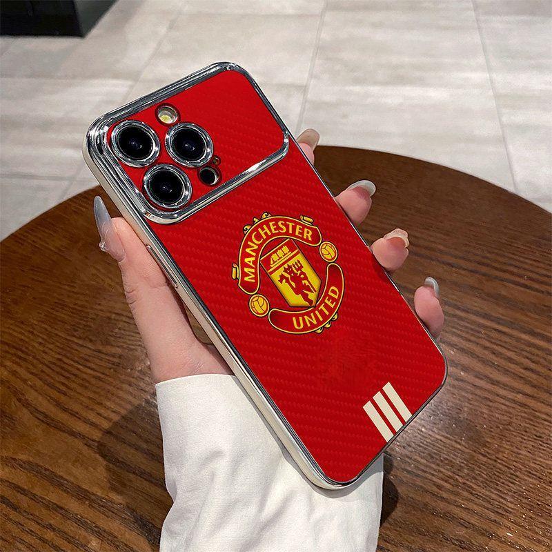 Manchester United Football Phone Case, Man Utd Logo Print, Carbon Fiber Texture Shockproof Protective Phone Cover