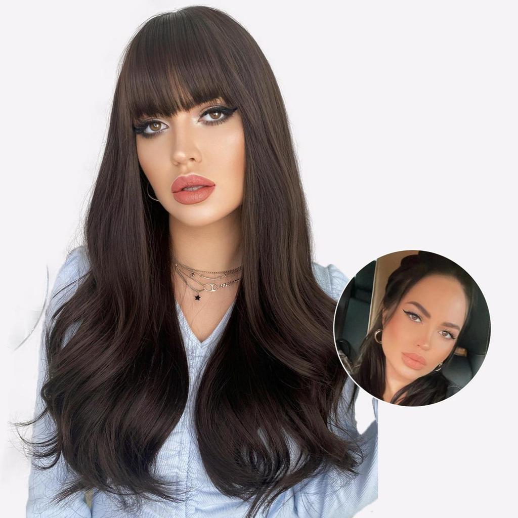 Voluminous Long Curly Wig with Feathered Bangs - Natural Looking Body Wave, Heat-Resistant Daily/Party/Wedding Hairpiece (Breathable Lightweight)